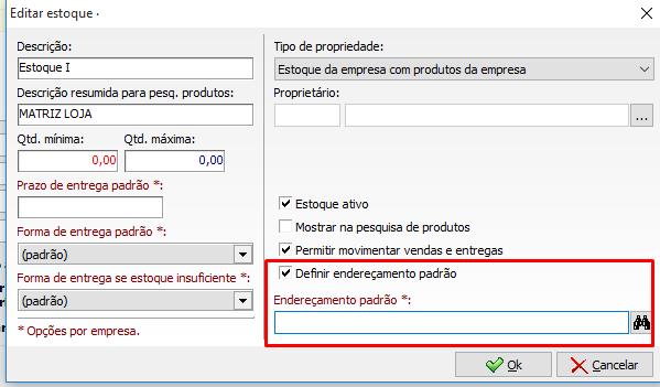 Definindo um endereçamento padrão nas configurações do estoque 