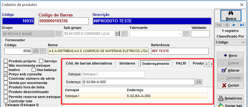 Endereçamento padrão alterado no Cadastro de Produto