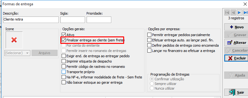 Cadastro da forma de entrega no VSI Gestão