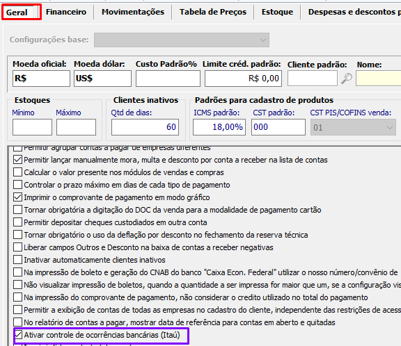 Configuração geral para Ativar o controle de ocorrências bancárias referente ao Banco Itaú - CNAB 400