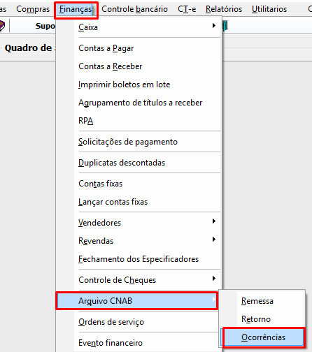 Menu Ocorrências no Menu do Arquivo CNAB