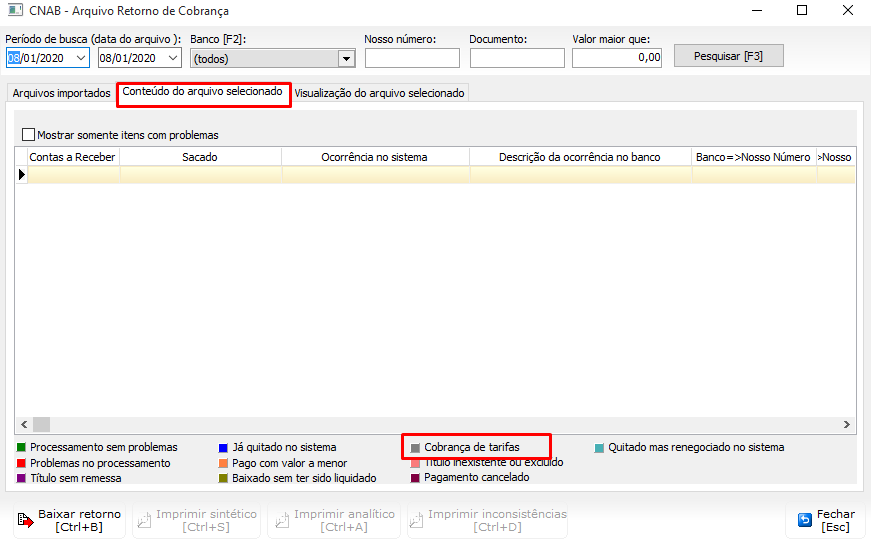 Aba Conteúdo do arquivo selecionado, no Arquivo de Retorno de Cobrança (CNAB 400, 50261)