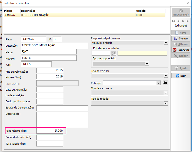 Campo de peso máximo do cadastro de veículos no VSI Gestão