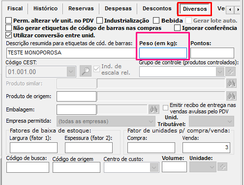 Campo do peso do produto em Cadastros > Produtos