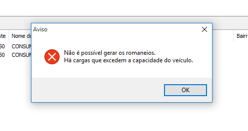 Mensagem de peso do veículo excedido no Gerenciamento de entregas