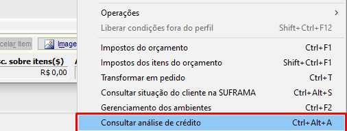 Consulta da Análise de crédito a partir do orçamento