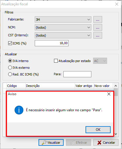 Mensagem do campo para sem preenchimento - Atualização fiscal dos produtos (75941)