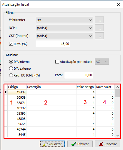 Visualização das mercadorias na ferramenta de Atualização fiscal (75941)