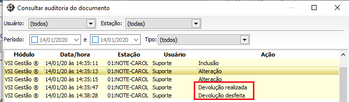 Novas ações da devolução e troca inseridas na auditoria