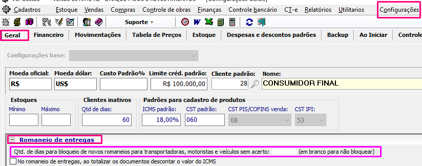 Opção para bloquear transportadoras e motoristas nos romaneios de entrega