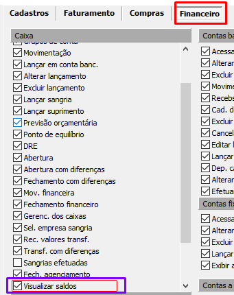 Opção para bloquear visualização dos saldos das movimentações do Caixa no Editor de Níveis