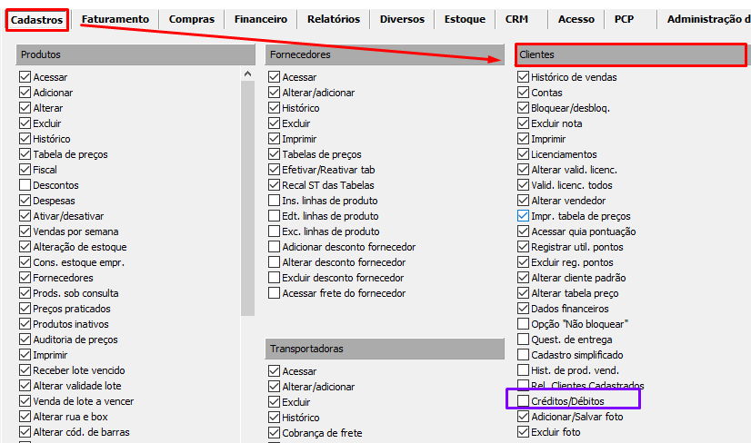 Bloqueio da Aba Créditos/Débitos para usuários especificados