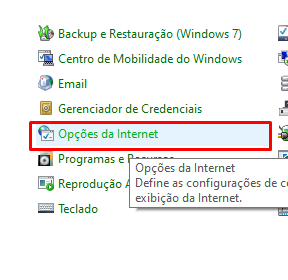 Menu de Opções da Internet do Painel de Controle do Sistema Operacional Windows.