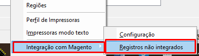 Magento - Menu dos registros não integrados em Configurações, do VSI Gestão