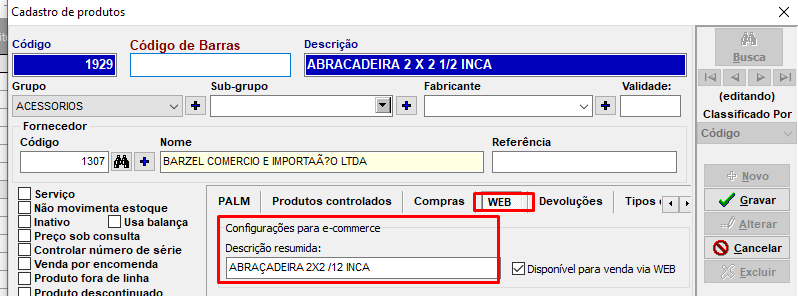 Descrição resumida do produto no Cadastro do produto