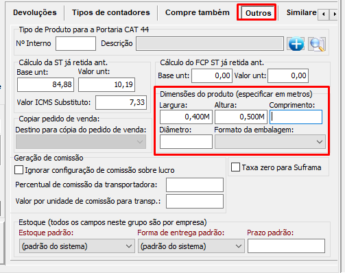 Aba Outros, Dimensões do produto para descrição no e-commerce.