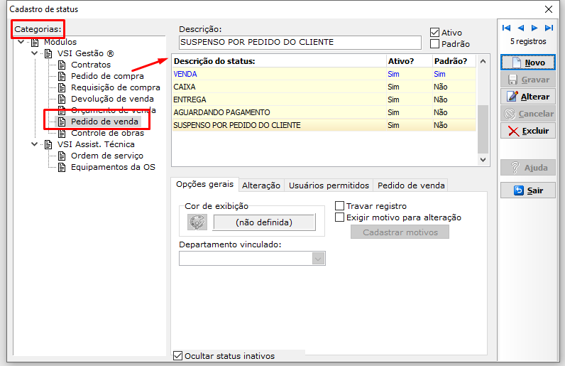 Cadastro de Status do Pedido desenhado - VSI Gestão