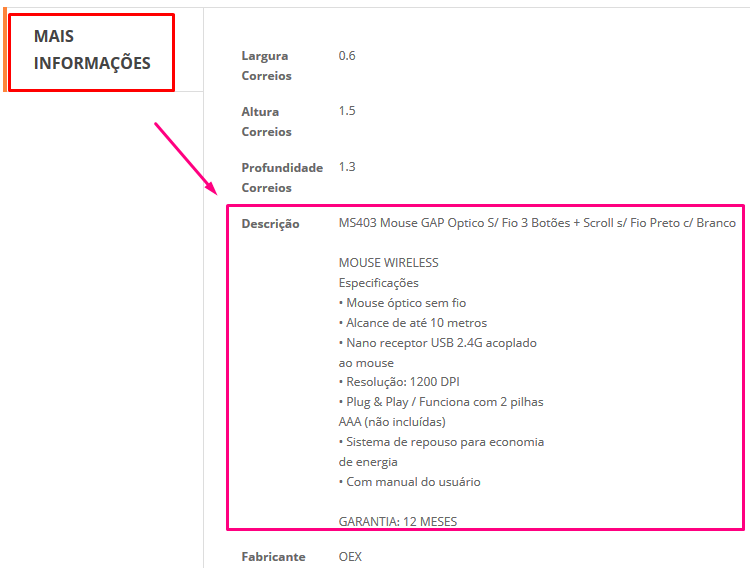 Mais Informações - Descrição dos produtos no E-commerce